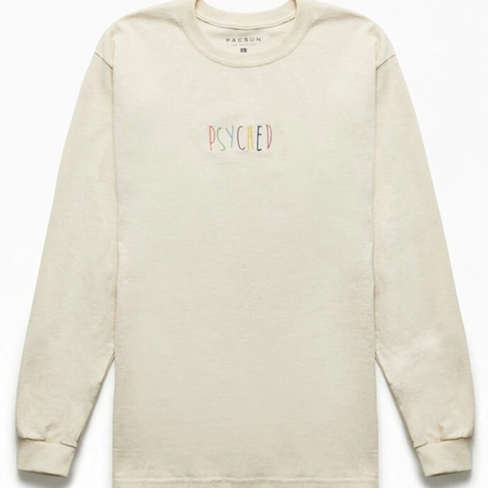 Pacsun Cream Long Sleeve Embroidered "PSYCHED" T-Shirt, Size M